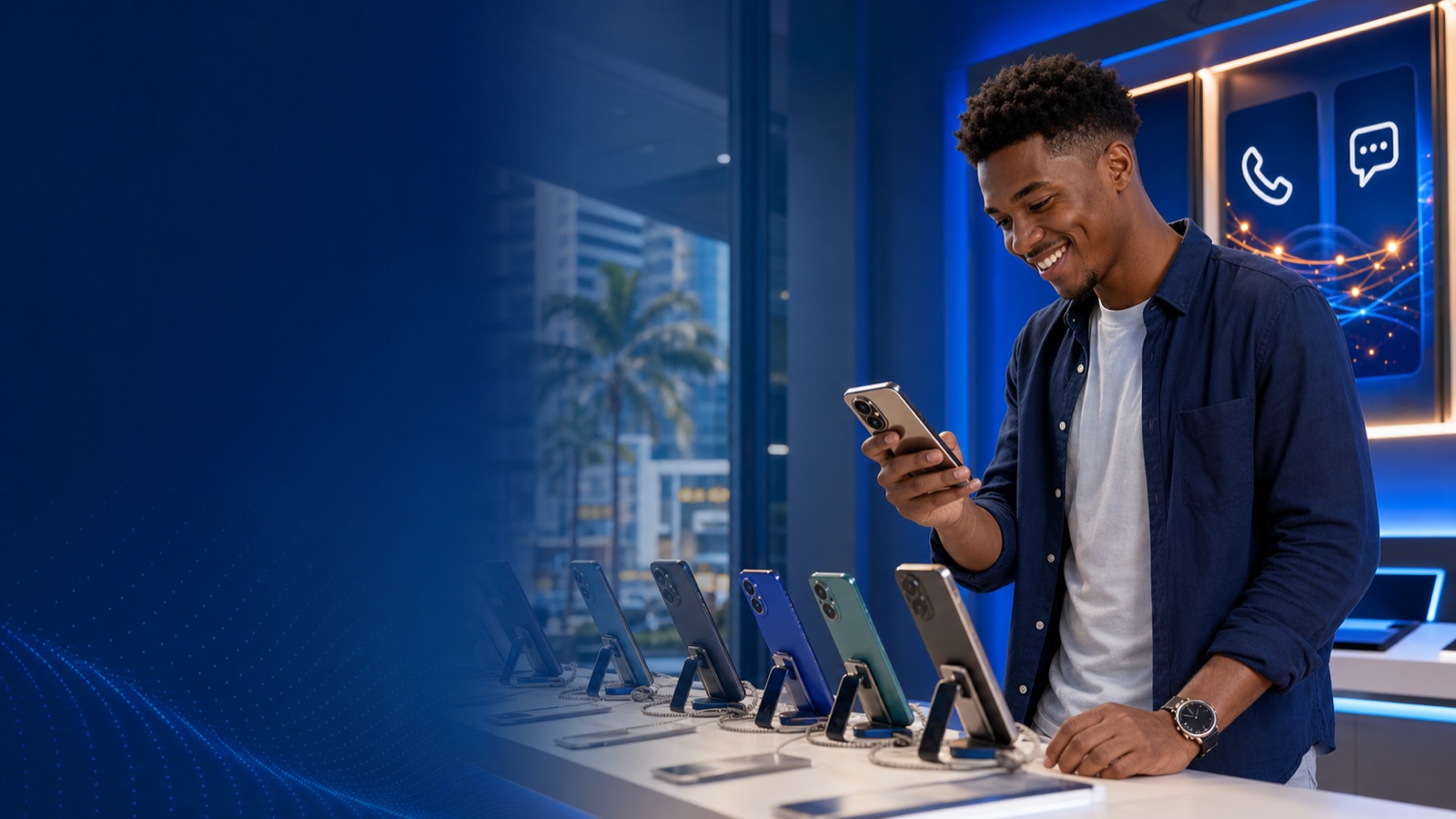 Smartphones disponibles en GETESA con clientes navegando y llamando